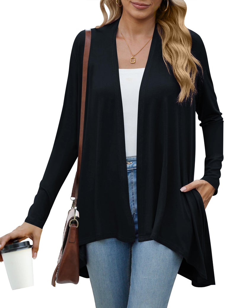 POGTMM Women's Summer Cardigan Sweater Open Front Mid-Long Lightweight Cardigan Thin Jackets (Black, US XXL(20-22)) - Image 1